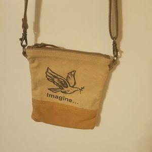 MYRA petite cross body bag. 7 1/2h X 6 1/2 L. Canvas & leather. EUC.